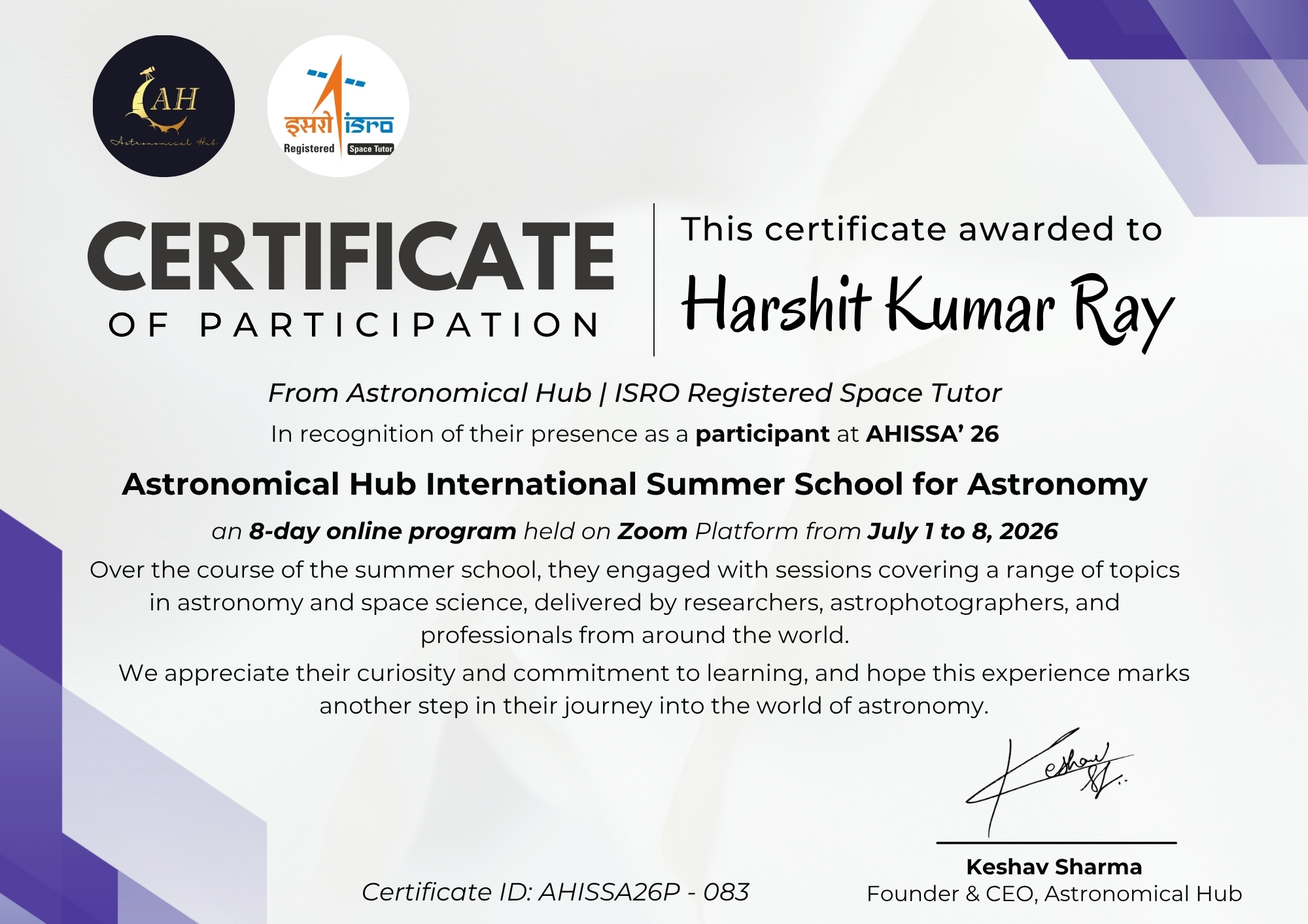 Astronomical Hub International Summer School for Astronomy — AHISSA '26
